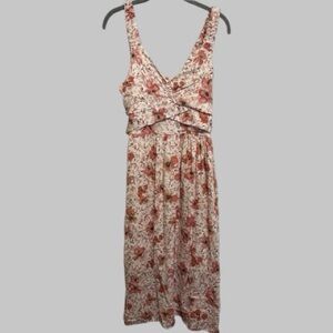 Floral Midi Dress Fairy Cottagecore Coral Pink Smock Tie Ruched Ruffle Size M